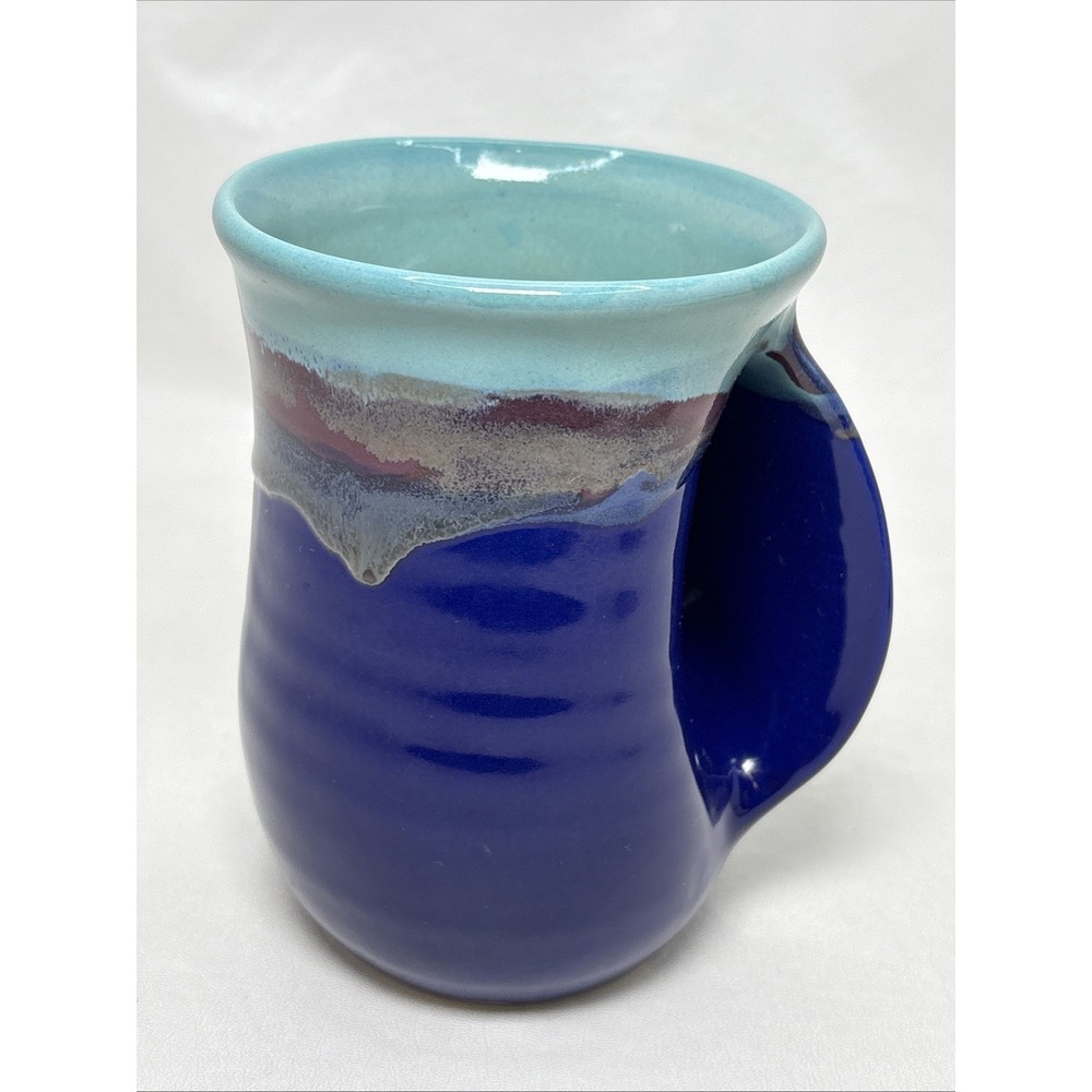 Hand Thrown Studio Art Pottery Drip Glaze Mug‎ Hidden Handle Blue Artist Signed